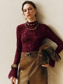 Arave 女士天鹅绒蕾丝撞色网纱双层喇叭袖口修身优雅绿色长袖打底衫，秋季女装 - 紅色 - 查看 4