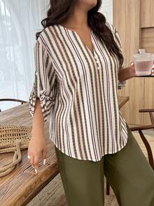 Breezaya 2pcs/Set Plus Size Women Notched Collar Buttoned Sleeve Contrast Color Floral Print Suit Fall - Multicolor - View 3