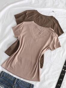 StreetHx 女士夏季V领紧身T恤，朋克亚文化动漫纯色基础款V领短袖修身T恤 - 彩色 - 查看 2