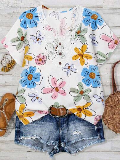 Linhara 大码女式撞色印花拼接领休闲短袖衬衫，适合春夏通勤和日常穿着