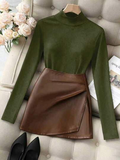Franclia Conjunto de punto elegante para mujer de otoño/invierno 2025, Top ajustado elegante para mujer, Falda midi de oficina para mujer