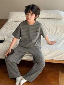 DAZY Tween Boy Striped Short Sleeve Top And Pants Pajama Set - Grey - View 6