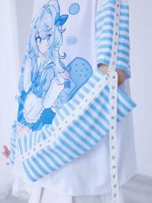 ROMWE EDITION Áo thun nữ dáng rộng in họa tiết sọc tương phản, phong cách anime dễ thương kiểu Yandere. - trắng - Xem 8