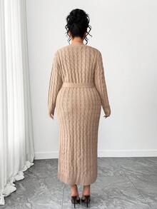 Elenzga Women's Plus Size Loose Fit Maxi Knit Sweater Dress, Elegant Long Sleeve Plus Size Dress, Outerwear For Spring Elegant Knit Dress Knit Long Sleeve Dress Long Sleeve Knit Dress Button Front Dress Maxi Knit Dress - Khaki - View 2