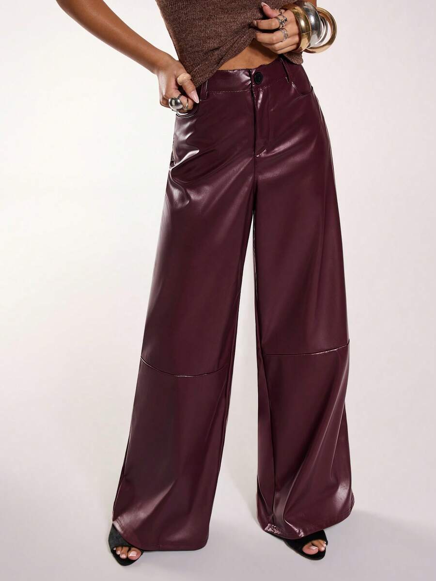 Normani Celebrity-Inspired Clothing/Kpop/Sexy/Going Out/Winter/Solid/Festival /Shein Tall/Streetwear/Vintage/Old Money/New Years/Christmas/Formal/Office/Brown/Casual/2000s Style/Festival/Gowns/Streetwear/Xmas/Rave/Merry Christmas/New Years Eve/Party/Birthday/Winter Clothes For Women/Women's Burgundy Red Leather Women Pants Plain Front-Button Minimalist Casual Pants, Daily Wear,Women Bottoms - Burgundy - View 1