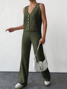 EURMUSE 2pcs Knitted Solid V-Neck Button Front Vest And Pants Sweater Set - Army Green - View 6
