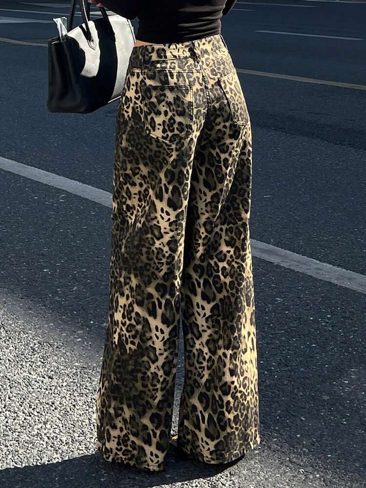 Women's Leopard Print Cargo Pants, Straight Leg Loose Casual Trousers, Washed Leopard Denim Jeans