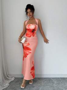 SHEIN PETITE Đầm nữ dài ngang gối dáng ôm in họa tiết, cổ yếm, thắt eo, kiểu dáng mùa hè 2025. - Bụi hồng - Xem 5