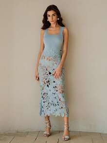 Anewsta Đầm nữ thanh lịch dây mảnh cổ vuông phối họa tiết hoa rỗng, thích hợp cho mùa hè. - Màu xanh lam - Xem 7