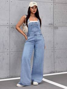 SHEIN Tall Women's Casual Minimalist Versatile Denim Bib Overalls With Pockets - Light Wash - View 4