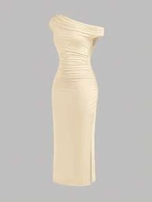 SHEIN 少女休闲优雅不对称领口褶皱腰身修身针织长裙，适合派对、返校、聚会和休闲穿着 - 杏色 - 查看 4