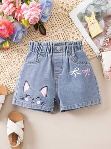 Baby GirlBlue Denim Shorts With Cat & Bow Pattern - Light Wash - View 2