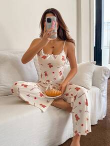 Dream Adore Women's Cute Bear Print Camisole And Pants Pajama Set Valentine's Cute Lounge Set - Apricot - View 9