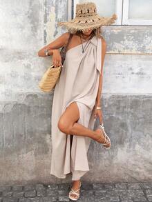 Brillora 女士优雅露背连衣裙，杏色 - 杏色 - 查看 6