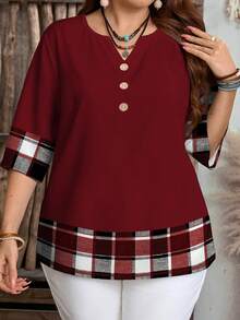EMERY ROSE Casual Retro Commuter Daily Versatile Burgundy Contrast Plaid Print Plus Size Small V-Neck Shirt, Suitable For Summer, Summer Top, Burgundy Top Spring Carnival,Vacation - Red - View 2