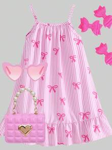 SHEIN 女童梭织面料蝴蝶结条纹数码印花拼接彩色荷叶边吊带连衣裙，适合夏季日常穿着、外出、旅行、度假、派对等场合。 - 彩色 - 查看 1