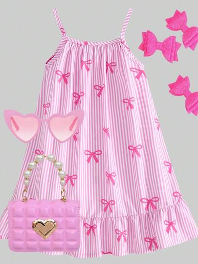 SHEIN Vestido de niña con estampado digital de rayas, parche de tela tejida, volantes de color en el bajo, tirantes, adecuado para uso diario en verano, salidas, viajes, vacaciones y fiestas