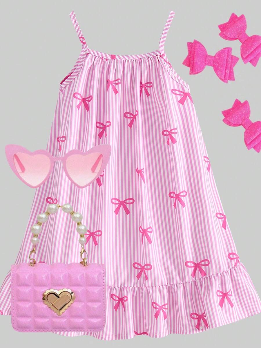 SHEIN 女童梭织面料蝴蝶结条纹数码印花拼接彩色荷叶边吊带连衣裙,适合夏季日常穿着、外出、旅行、度假、派对等场合。 - 彩色 - 查看 1