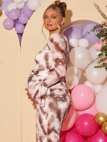 Loomaby Pregnant Women's Tie-Dye Print Asymmetric Neck Ruched Flare Sleeve Fitted Elegant Dress Dress Gender Reveal Dress Maternity Dress Baby Shower Dress Valentine's Day Earth Tone Dress Elegant Midi Dress Modest Two Piece Set 2 Piece Dress Set 2 Piece Skirt Sets Woman - Multicolor - View 7