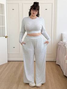 SHEIN EZwear 纯色圆领长袖紧身T恤和运动裤套装，秋冬款 - 淺灰色 - 查看 3