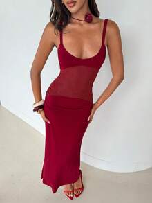 Aloruh Women's Elegant Sexy Romantic Sheer Mesh Patchwork Dress, Suitable For Valentine's Day, Party, Outing, Spring/Summer - Red - View 6