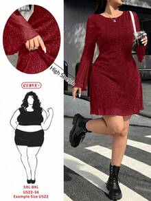 SHEIN CURVE+ Plus Size Women Flare Sleeve Glitter Mesh Dress/Autumn /Winter - Burgundy - View 1