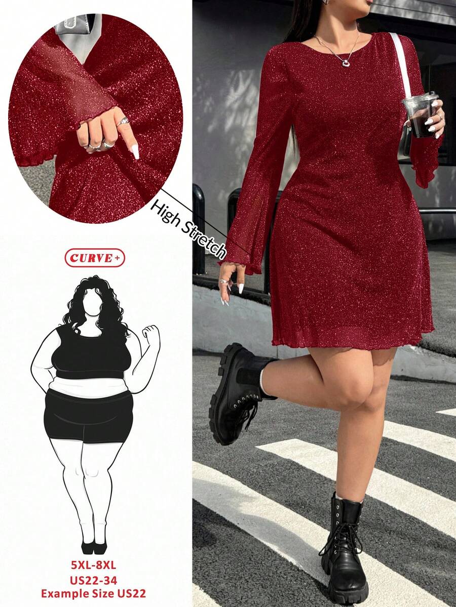 SHEIN CURVE+ Plus Size Women Flare Sleeve Glitter Mesh Dress/Autumn /Winter - Burgundy - View 1