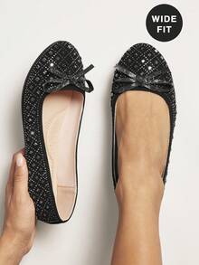 SHUZIA #Widefit-Sparkling Women's Round Toe Pewter Rhinestone Bow Nub Black Ballet Flat– Elegant, Comfortable & Dressy - Black - View 2