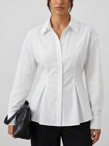 COSMINA Women's Casual Solid Color Button-Up Shirt, A-Line Hem Blouse, Elegant Office Wear, Suitable For Work, Fashion Versatile Piece, Suitable For Daily Wear, White Long Sleeve Shirt - White - View 2