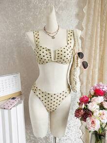 Swim Mod 女士新款波点印花宽肩带U领比基尼套装，露脐上衣和高开衩比基尼泳裤，性感夏季泳装 - 彩色 - 查看 4