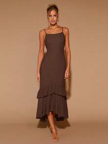 COSMINA 女士优雅荷叶边圆领长连衣裙，适合约会、派对、四季皆宜、情人节等场合，巧克力棕色连衣裙，棕色优雅女士连衣裙，棕色两件套女士连衣裙，咖啡棕色连衣裙，棕色婚礼宾客礼服 - 棕色 - 查看 7