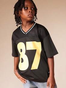 SUMWON Jungen Nummer 87 Mesh-Panel Jersey V-Ausschnitt Kurzarm T-Shirt mit Kontrastbesatz und Brustdruck Design, Lässig Urlaub - Schwarz - Übersicht 4