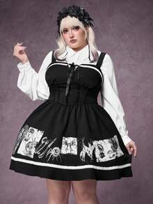 ROMWE Goth 哥特甜美暗黑女孩怪诞甜心公主风连衣裙，怪诞印花图案大码连衣裙 - 黑色 - 查看 5