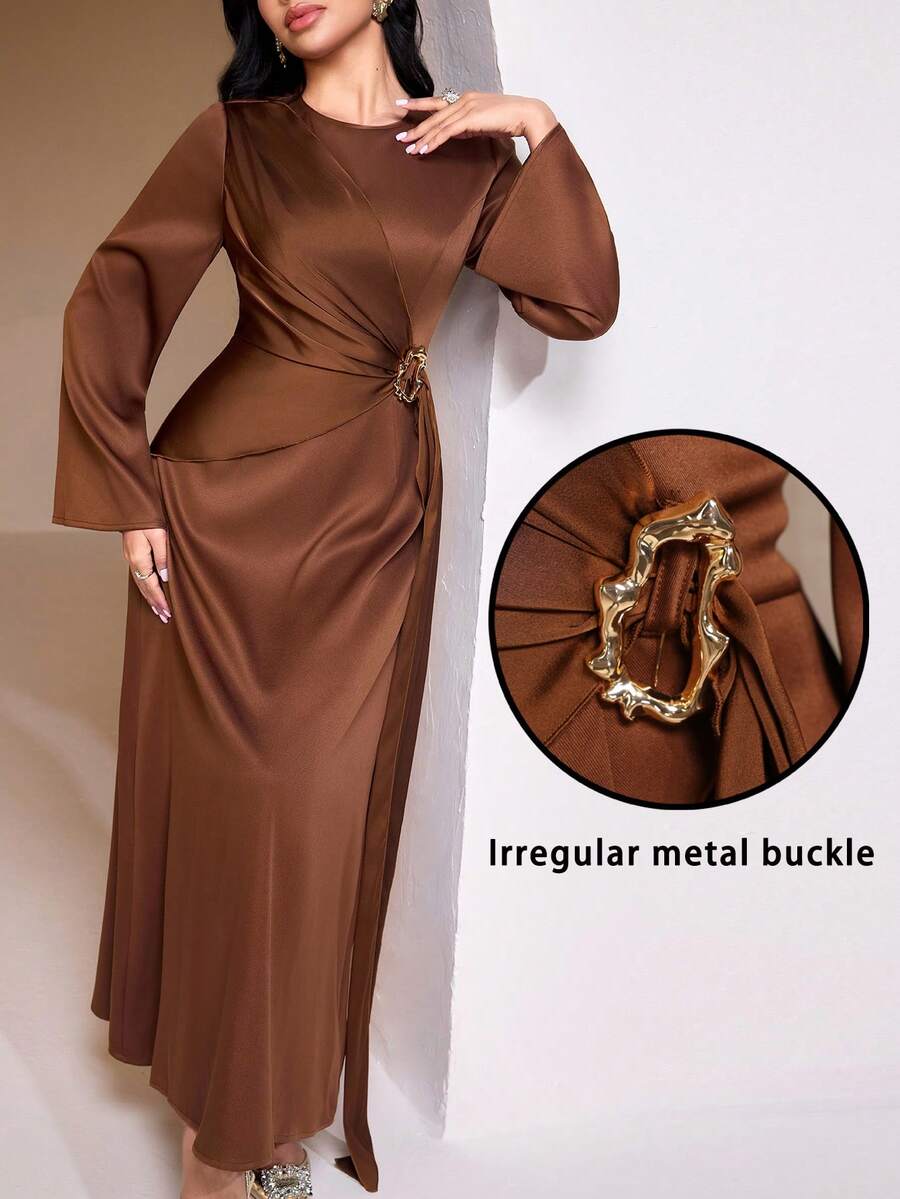 Veilorie 女士纯色圆领金属环装饰优雅长袖连衣裙 - 棕色 - 查看 1