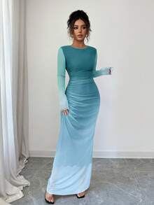 Rafferiza Đầm ôm sát dài tay bằng vải lưới xuyên thấu, kiểu ombre, xếp ly, thích hợp mặc hàng ngày đi biển, ở nhà, công sở. - Màu xanh ngọc - Xem 4