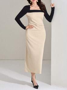 DAZY 女士撞色方领长袖修身中长连衣裙 - 黑與白 - 查看 3