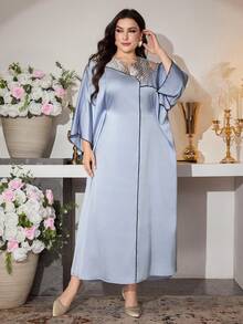 Al Najma 大码不对称领拼接撞色提花面料连衣裙 - 藍色 - 查看 5
