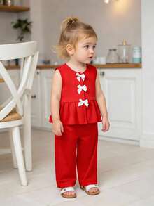 SHEIN 2件套女婴幼儿/新生儿0-3岁春夏休闲甜美日常度假条纹梭织无袖上衣和阔腿裤两件套 - 紅色 - 查看 7