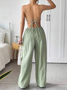 Mono sin espalda, diseño monocromo, pantalones holgados, estilo sensual. - Verde - Ver 2