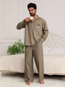 DAZY Khaki Printed Pattern Shirt + Casual Wear Suit For Men, Spring/Autumn - Khaki - View 1