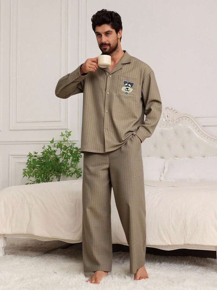 Khaki Printed Pattern Shirt + Casual Wear Suit For Men, Spring/Autumn