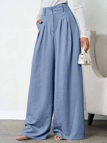 SHEIN Tall Women Beige Deep Pleated Linen Pants - Blue - View 3