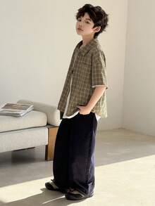 DAZY Tween Boy Casual Plaid Short Sleeve Shirt, Summer - Khaki - View 3