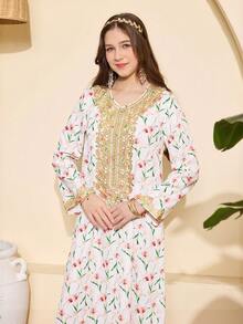 少女款传统阿拉伯花卉复古印花长袍，宽松休闲长袖卡夫坦长裙，饰有精致刺绣滚边，粉色 - 彩色 - 查看 8