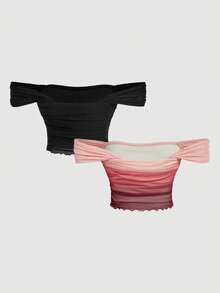 SHEIN MOD Bộ 2 áo croptop nữ trễ vai xếp ly bằng vải lưới. - Nhiều màu - Xem 3