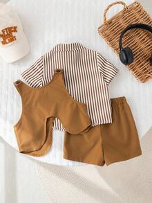 SHEIN 3pcs Baby Boy Preppy Style Outfit Set: Striped Shirt, Khaki Shorts, Suspender Pants, Bow Tie. Suitable For Birthday Party, Rave, Evening Party, Performance, Wedding, Baby Shower, 1st Birthday Celebration