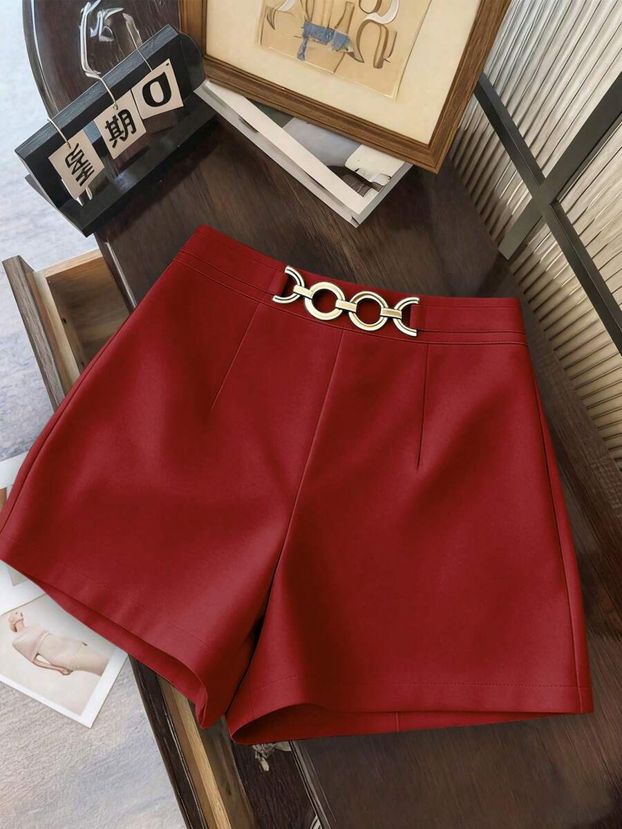 SHEIN LUNE Women's Solid Color Decorative Chain Elegant Shorts, Autumn Shorts Y2k High Waist Shorts Woman Women Short Pants - Red - View 1