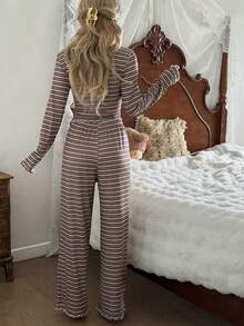 Dream Adore Women's Casual Striped Print Lace Trim Square Neck Button Front Long Sleeve Pajama Set Two Piece Pajamas Set Brown Pajama Set Striped Pajama Set Women's Sleepwear Two Piece Lounge Set Two Piece - Multicolor - View 2