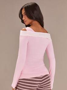 Athîral Top de Moda Feminina com Decote Assimétrico, Manga Longa e Ajuste Slim, com Design Ombro Caído Assimétrico, Tecido Macio e Confortável, Ajuste Slim, Ideal para o Dia dos Namorados, Adequada para Uso Casual em Casa ou Passeios, Top Rosa, Verão para Mulheres - Multicolorido - Visão 3