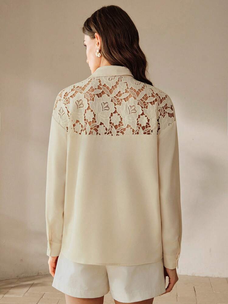 Anewsta Women's Cream Floral Lace See-Through Back Long Sleeve Blouse, Elegant Spring/Summer Casual Party Holiday Outerwear